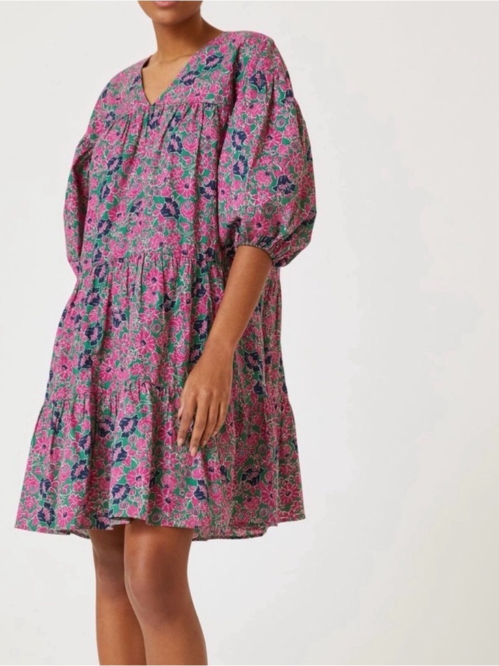 Sundry Pink and Green Floral Puff Sleeve Tiered Mini Dress